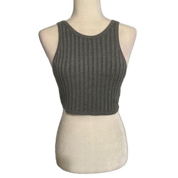 Cotton Candy Tops - Cotton Candy Womens Solid Gray Crop Ribbed Knit Sweater Tank Top Small
